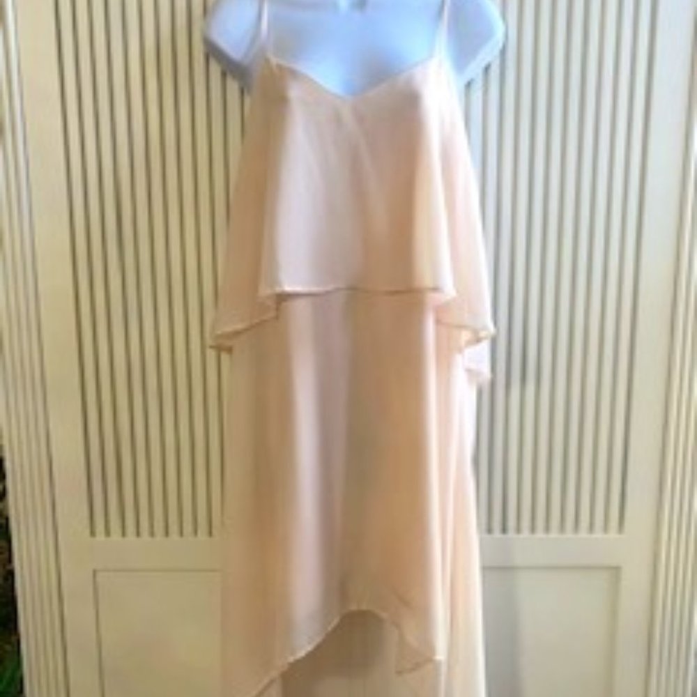 Champagne colored spaghetti strap high low dress with sheer overlay- L